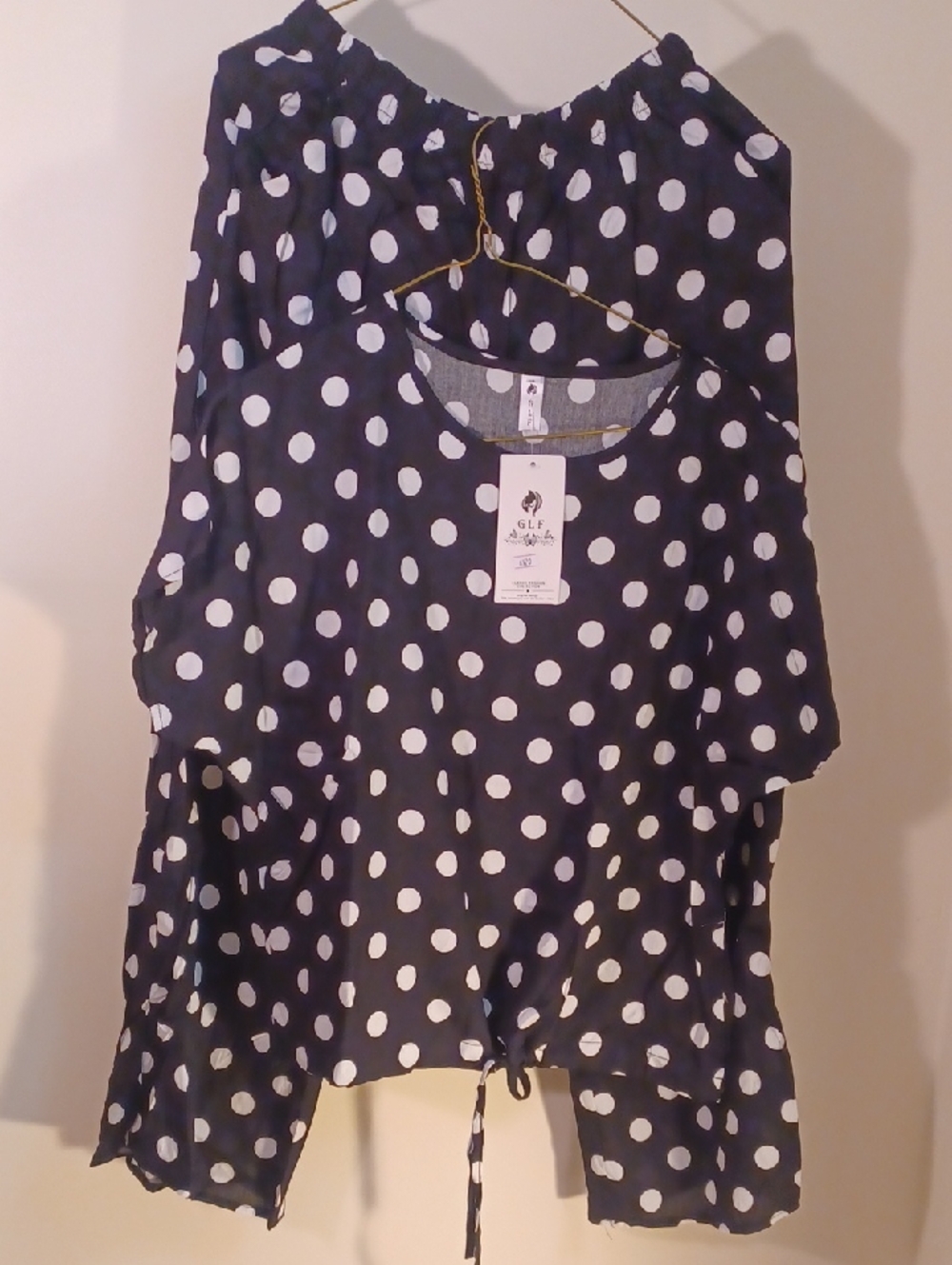 Black and White Polka Dot Blouse with Drawstring